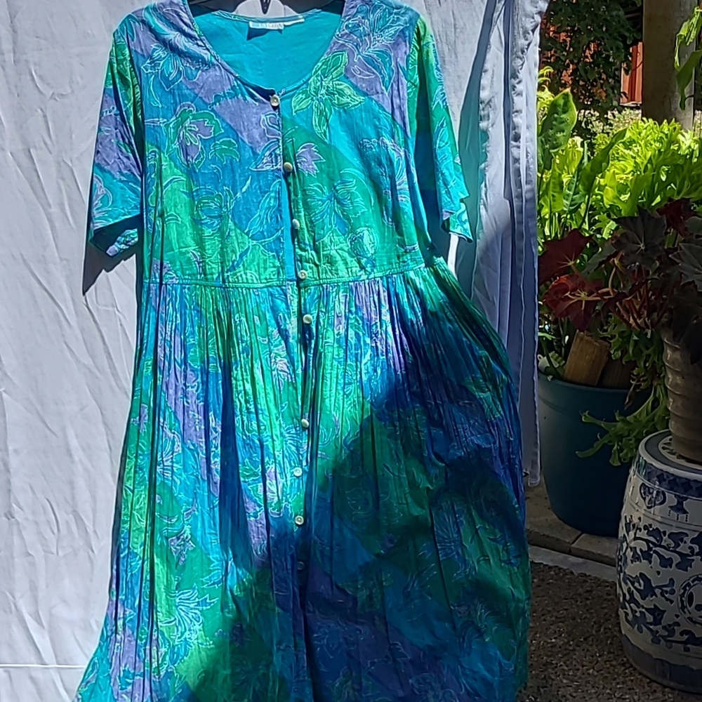 LA CERA Tropical Blue and Green Button-Down Dress